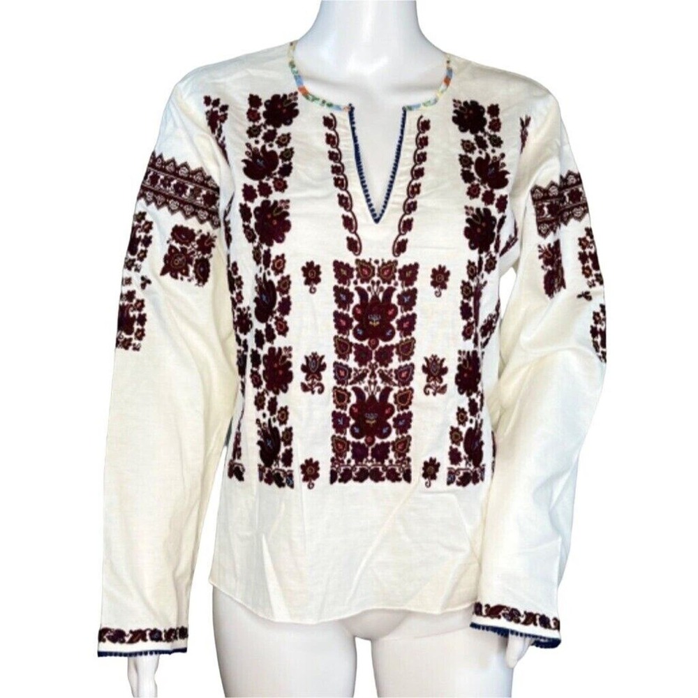 Anthropologie Tiny Shirt Women Small White Purple Agatha‎ Embroidered Tunic Boho